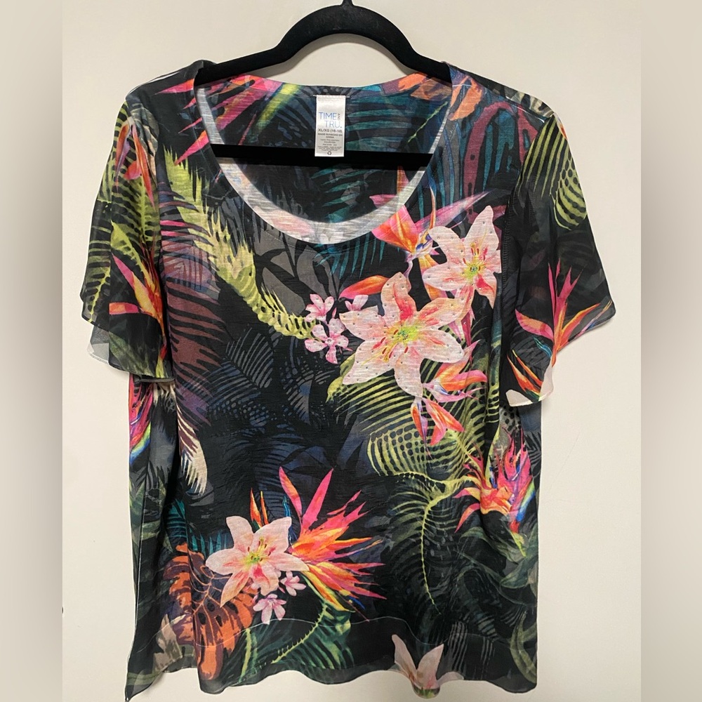 Black Tropical Floral Short Sleeve Tee XL (16-18)